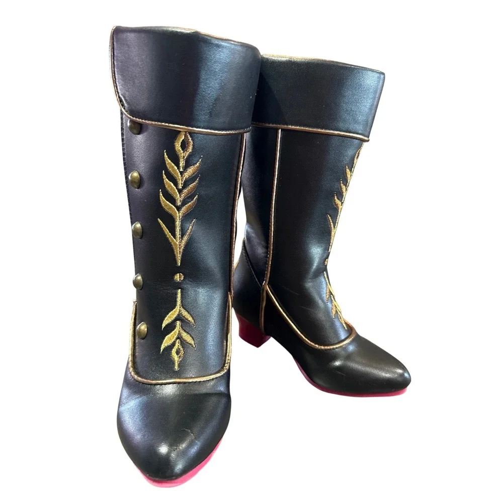 Disney Anna Frozen 2 Black Gold Embroidery Studs Boots Kids 7-8 Great Condition